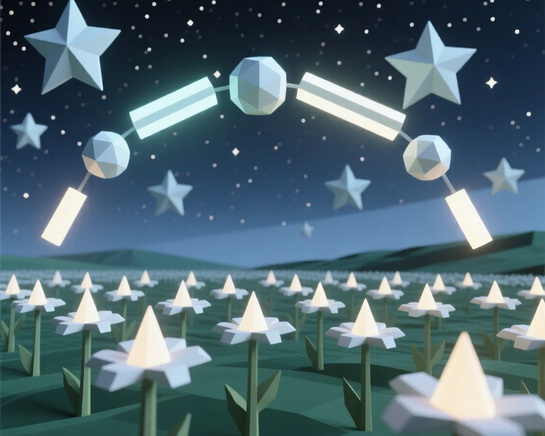 A field of glowing flowers beneath a starry night sky, beneath a canopy of dreamlike floating light. rich color gradients enhance the dreamlike atmosphere. The scene radiates a calm, meditative stillness.