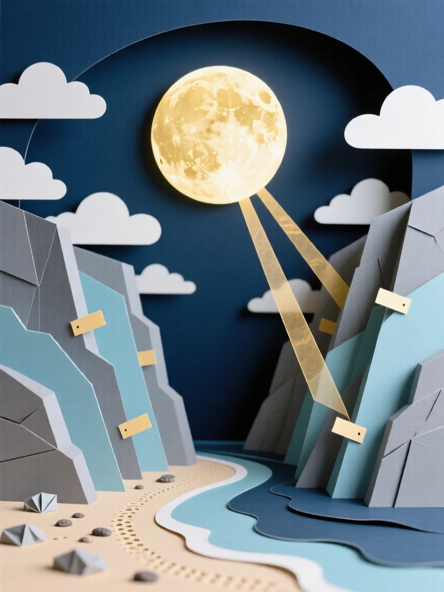 A narrow fjord shoreline framed by cliffs under a glowing full moon, with warm sunbeams piercing through scattered clouds, conveying quiet wonder and stillness.