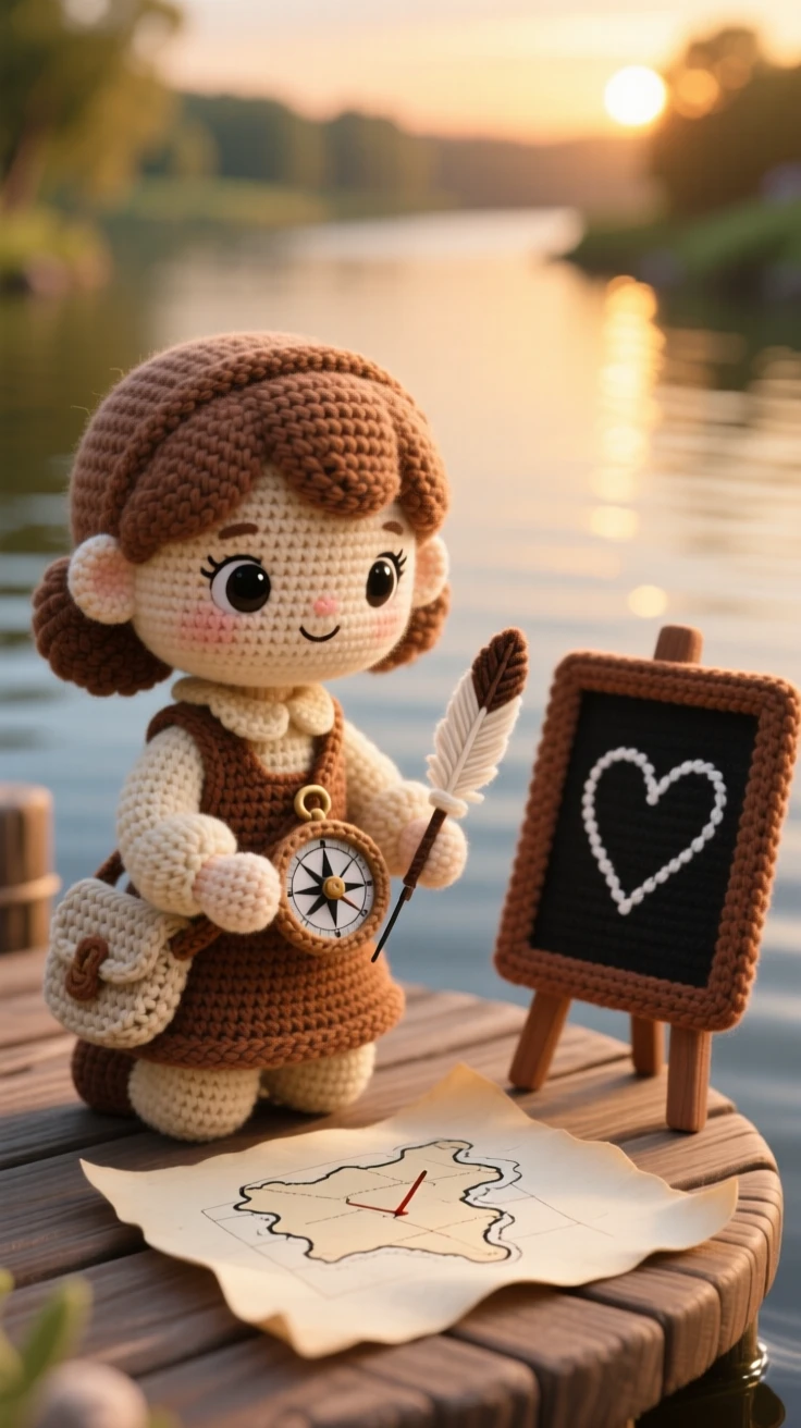a young apprentice mapmaker girl, with a compass and quill, is captured tracing a coastline onto fresh parchment in a peaceful riverside dock at golden hour beside a small chalkboard sign with a hand-drawn heart, radiating warm, homespun charm and quiet dedication.
