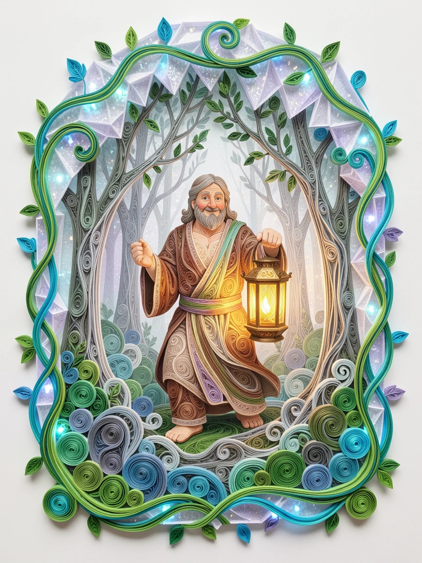 a friendly giant carrying a lantern through a misty forest, within a crystal grotto glowing from within, framed by an arch of twisting glowing vines, with soft bioluminescent glow illuminating the scene.