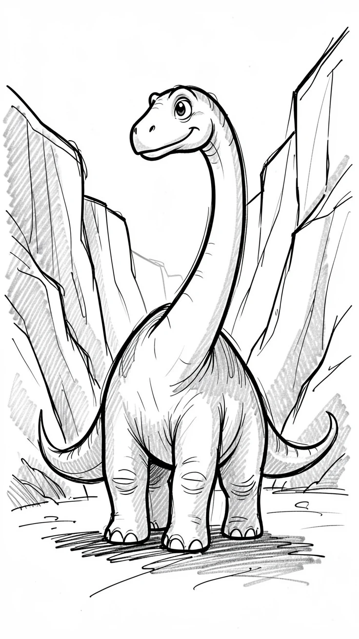 A gentle long-necked brontosaurus in a canyon at sunrise.