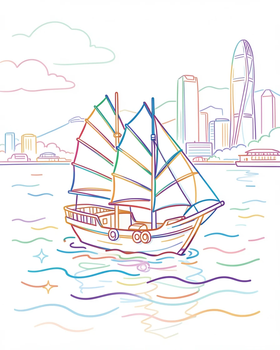 A traditional junk boat sailing across Hong Kong's glittering harbor at night.