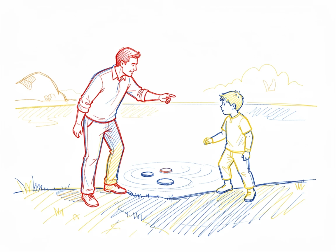 A father teaching his son to skip stones across a calm lake
