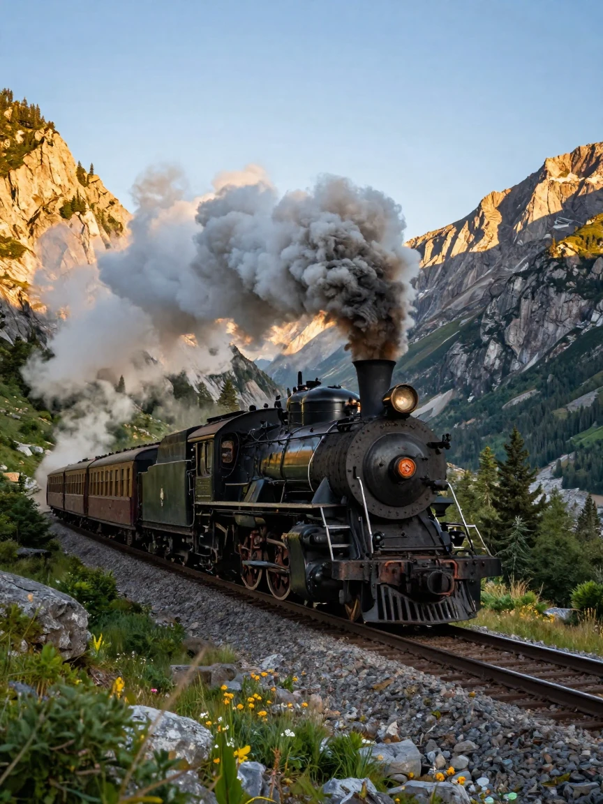 A steam locomotive billowing smoke through a mountain pass