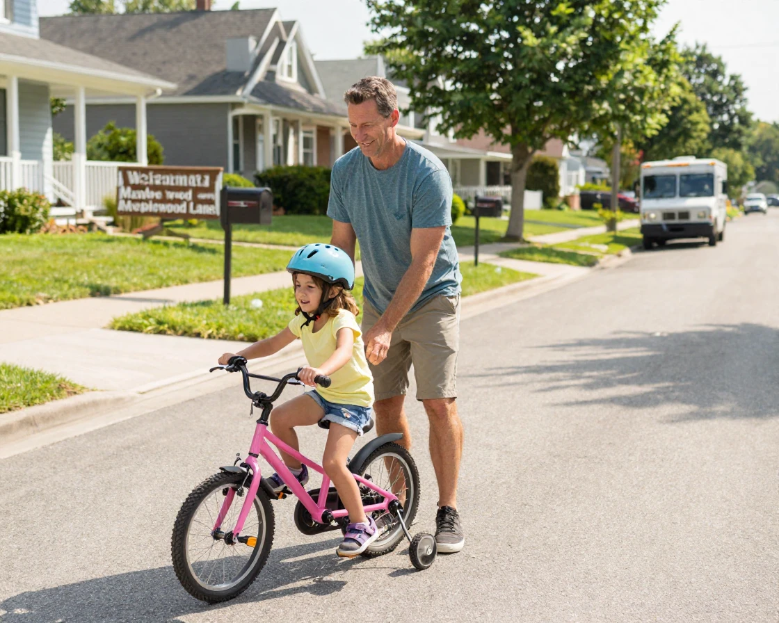 A father teaches his daughter to ride a bicycle without training wheels down a quiet suburban street.