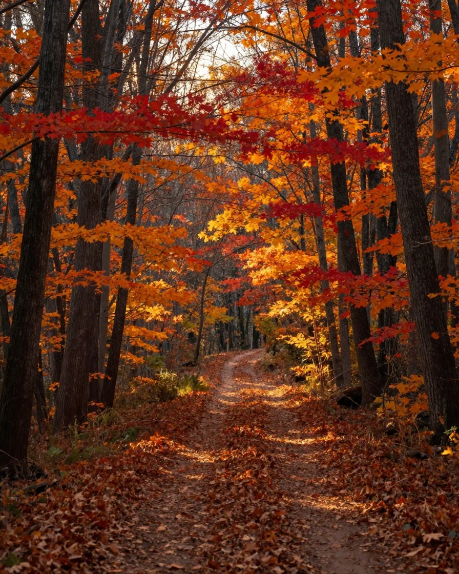 An autumn forest ablaze with red, orange, and gold leaves along a winding trail