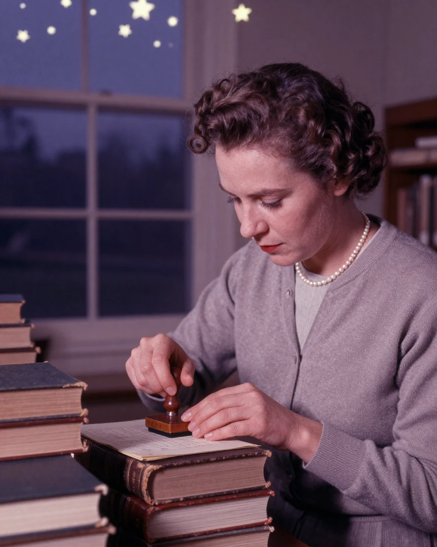 A librarian stamping a stack of returned books, under a canopy of stars, in still, windless air, in late autumn, in dusty lavender and rose tones, in a tight close-up.