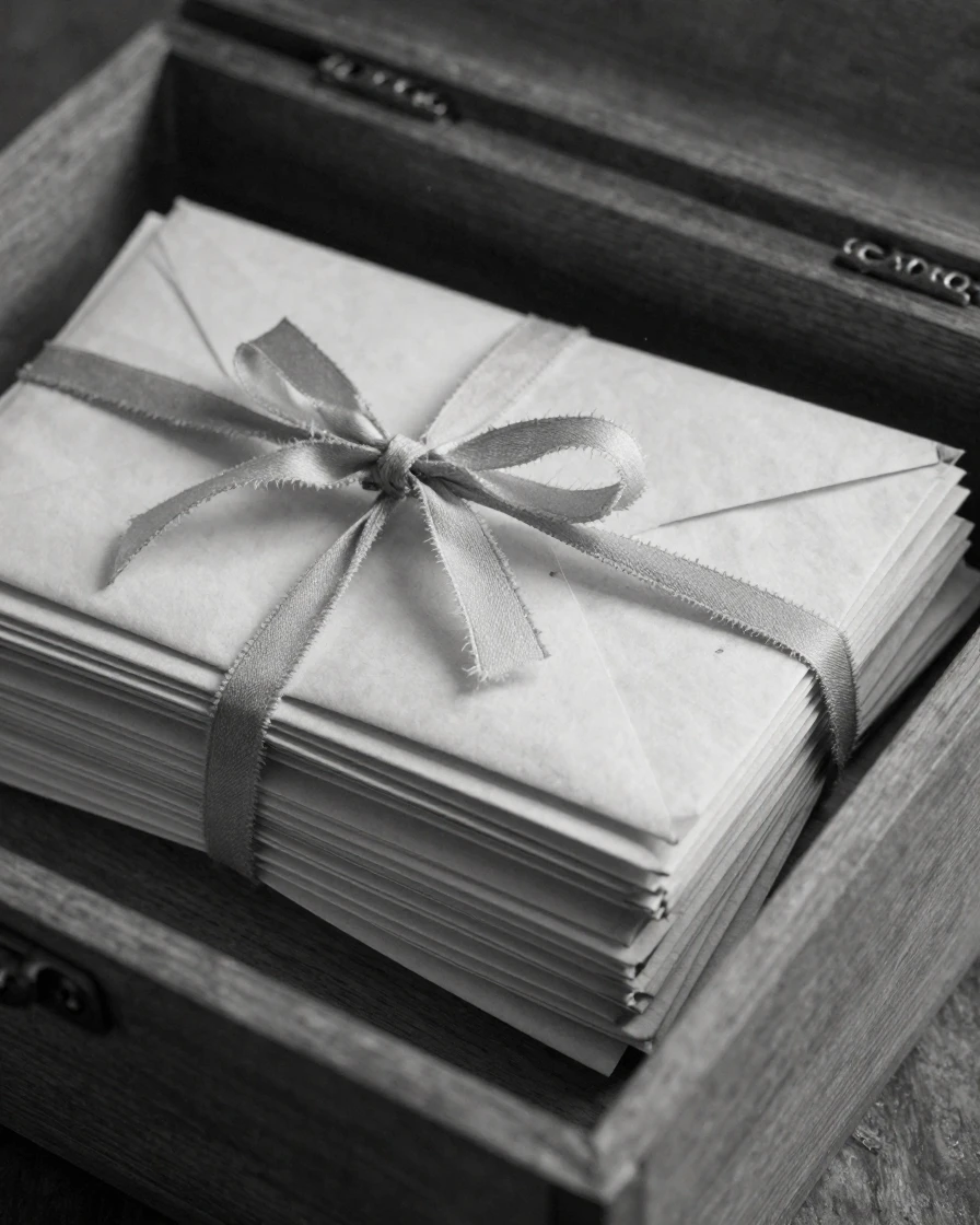 A stack of old letters sits tied with a faded ribbon inside a wooden keepsake box.