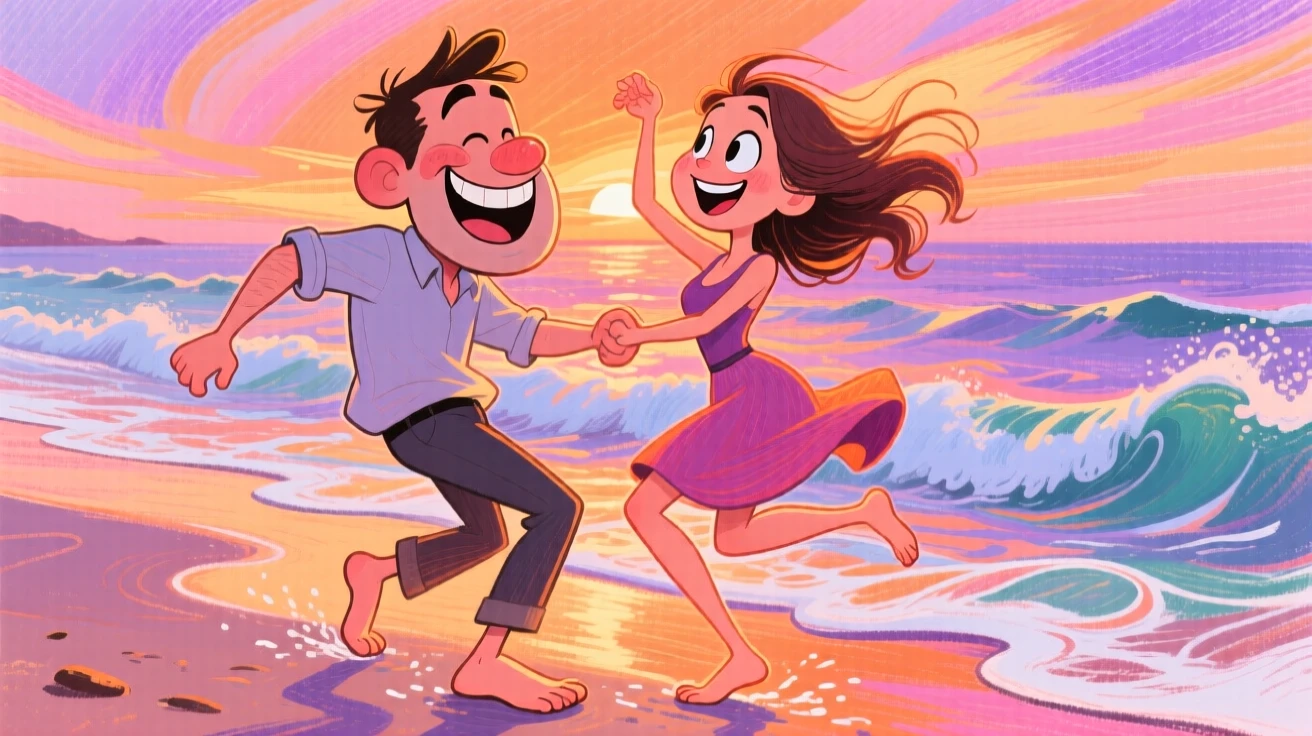 A couple dancing barefoot on the beach at sunset, waves lapping at their feet.