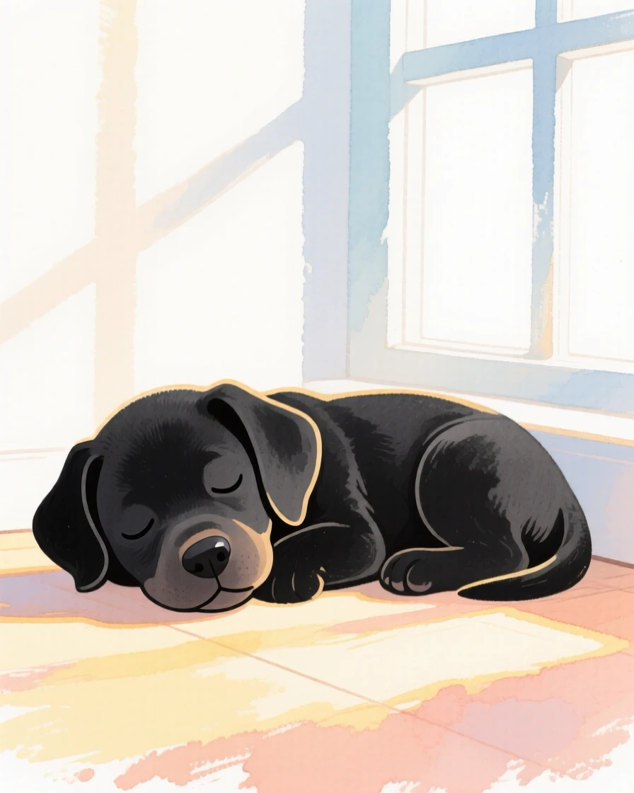 A black lab puppy napping in a sunbeam by a window
