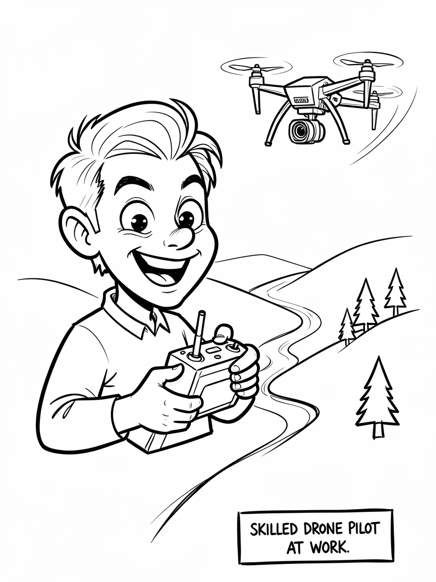 [Occupations & Hobbies] Detailed scene of an enthusiastic drone pilot flying a camera drone over a scenic valley, showcasing skill and dedication