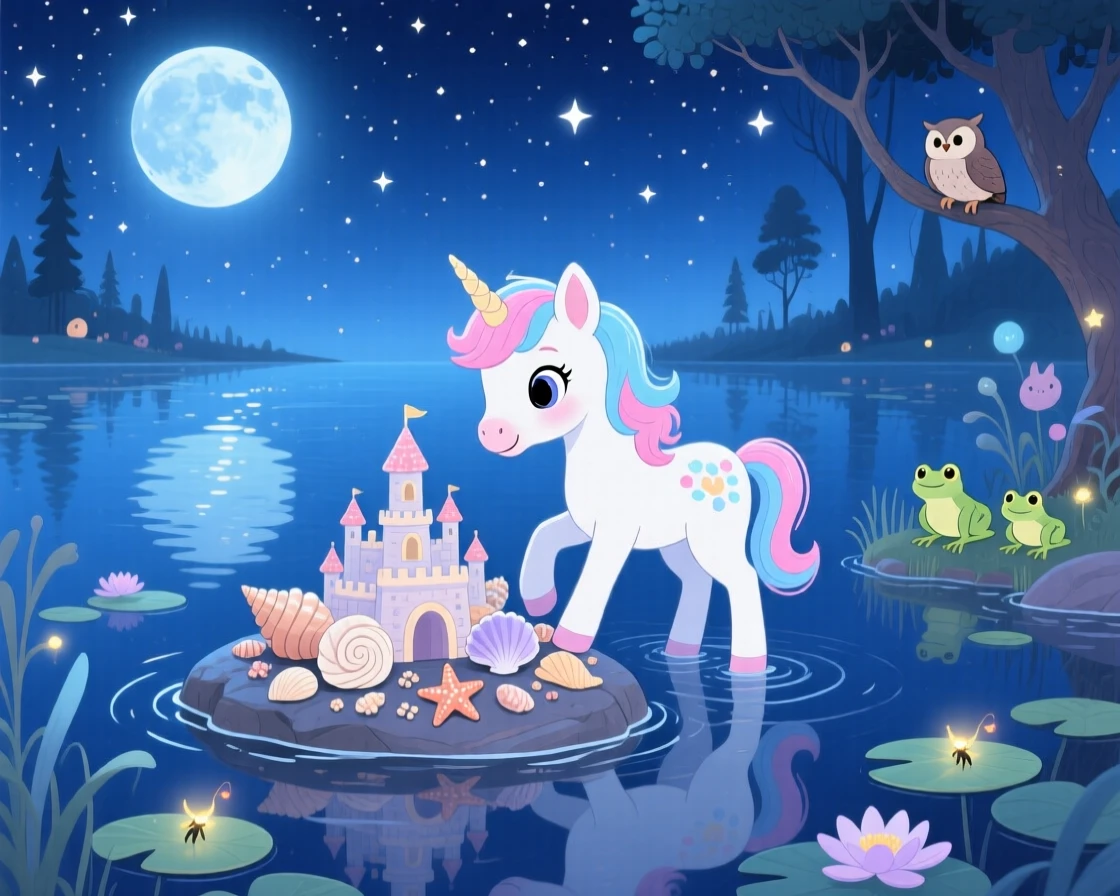 Deep within a starlit lake, a unicorn foal spends the evening building a castle out of seashells, with the whole scene bathed in soft moonlight.