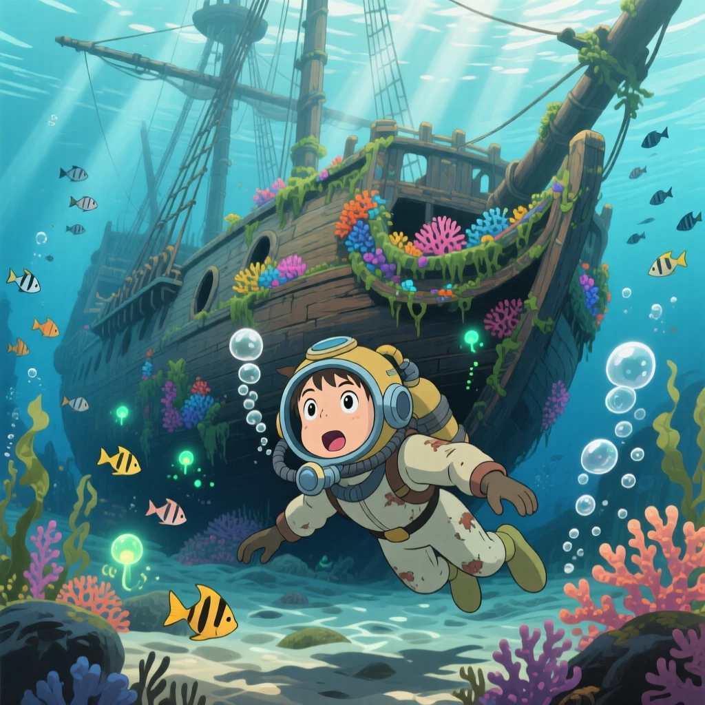 A diver discovering a sunken ship covered in coral, the moment thrilling and full of wonder.