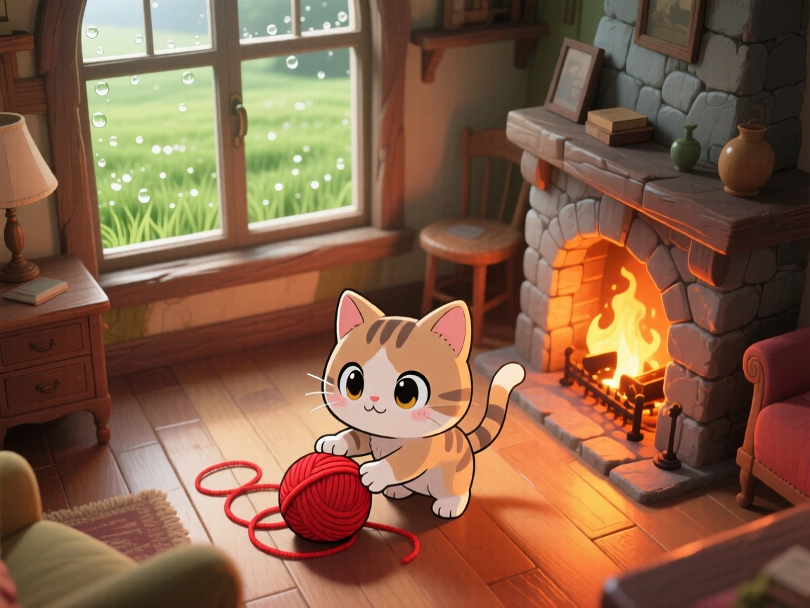 A kitten playing with a ball of yarn beside a fireplace in a rustic living room as morning dew glistens on the grass; cozy firelight washes over the scene as brave confidence fills the moment. Bird's-eye view.