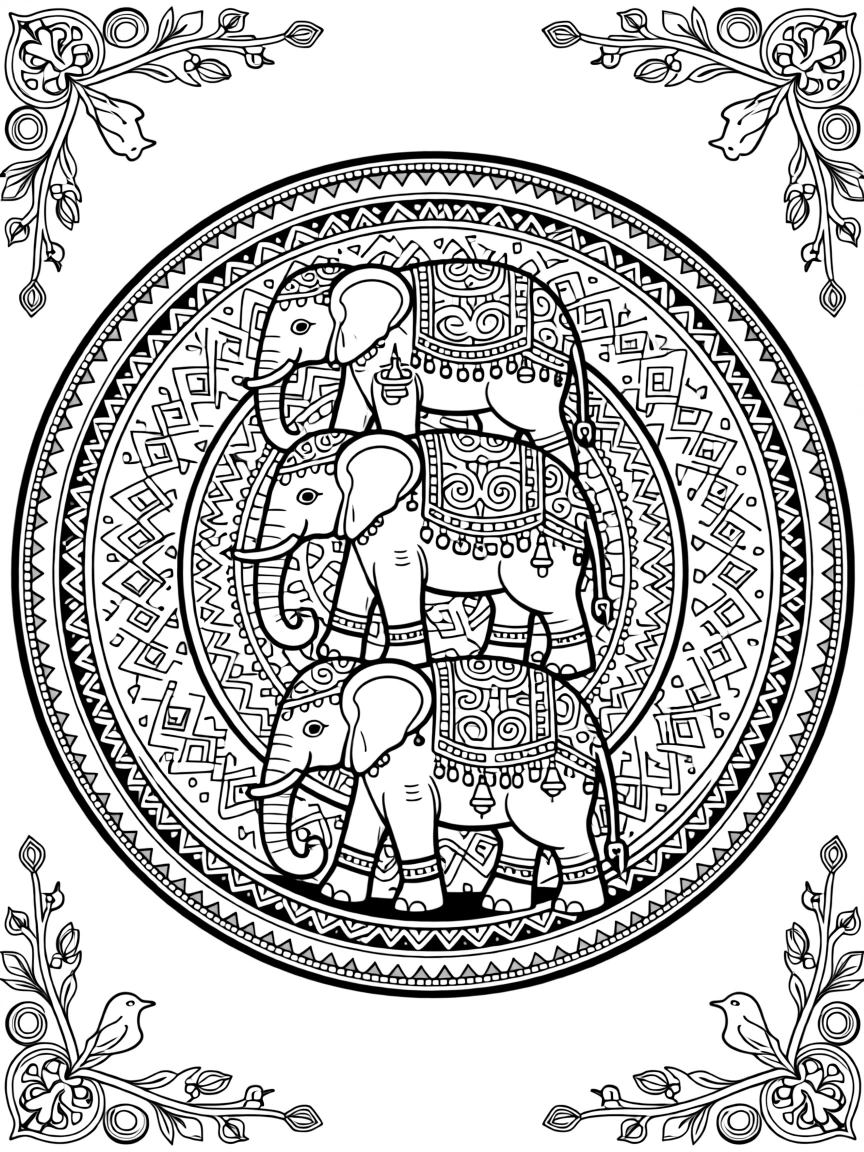 A mandala of stacked elephants forming a circular procession.