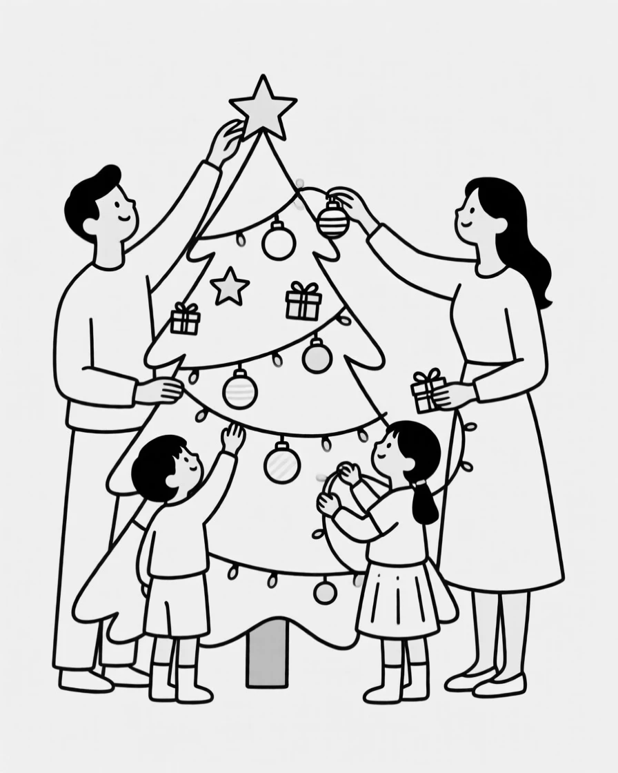 A family decorating a Christmas tree together