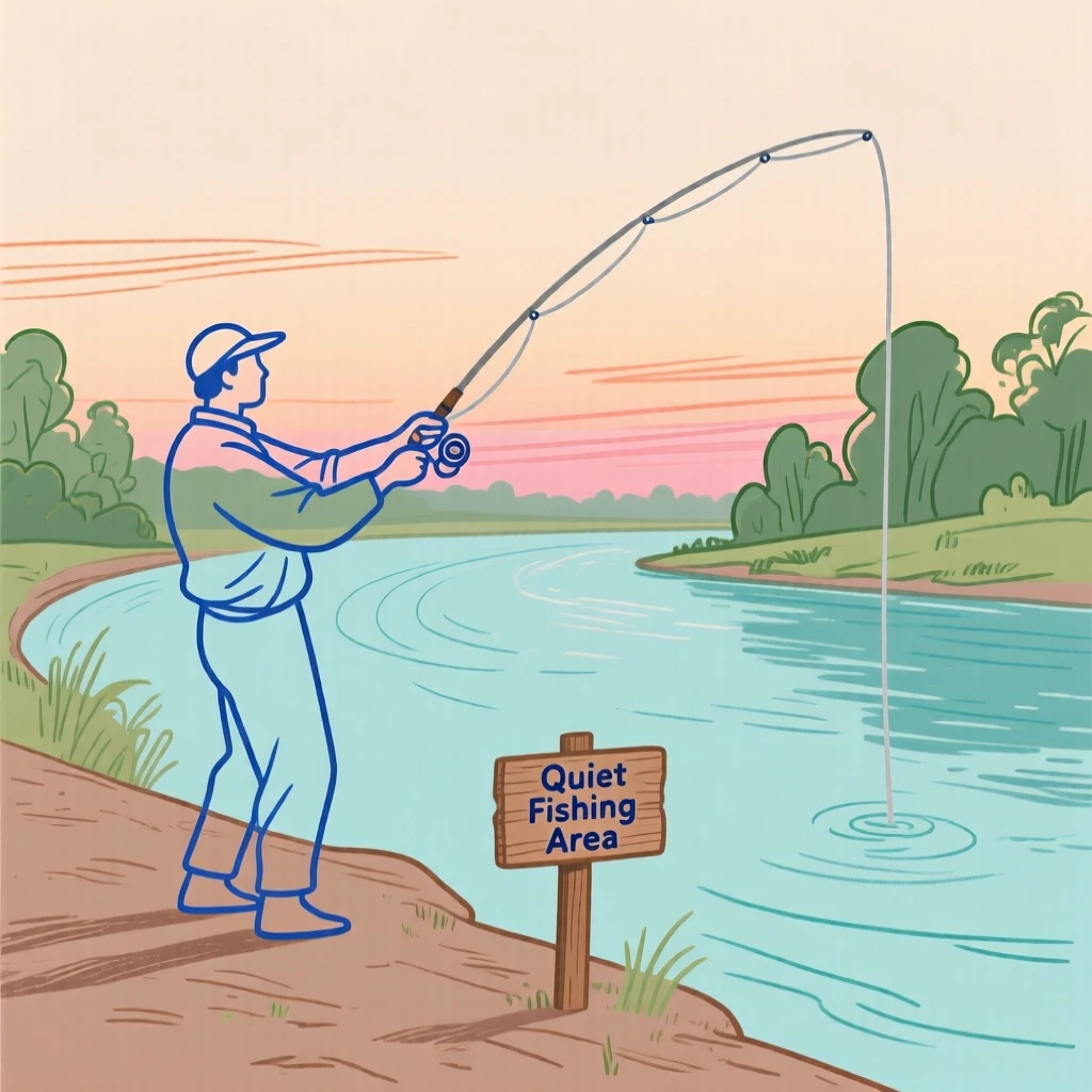 A fisherman casting a line from a quiet riverbank at dawn.