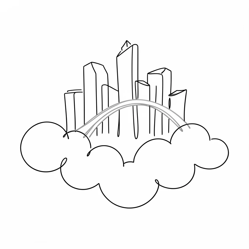 A floating city suspended above the clouds connected by golden bridges