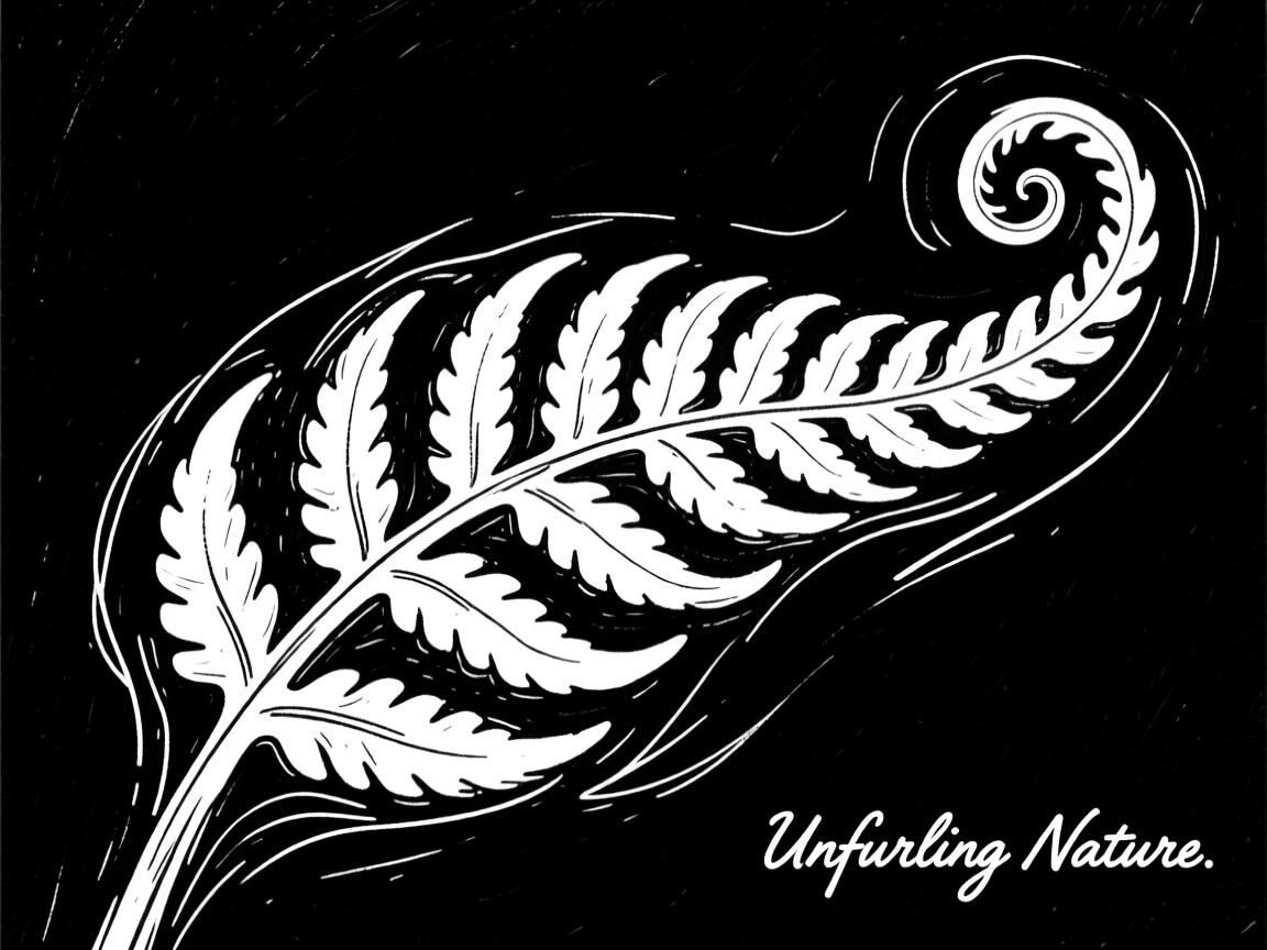 A single fern frond unfurling in extreme detail against a dark background.