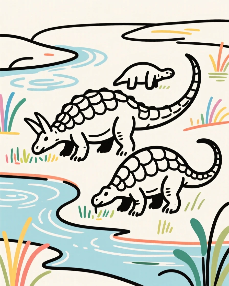 A group of Ankylosaurus grazing peacefully near a prehistoric swamp.