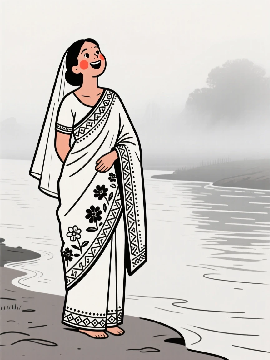 A newlywed woman of Cuban heritage wearing an embroidered sari, bursting with excitement, on a misty riverbank.