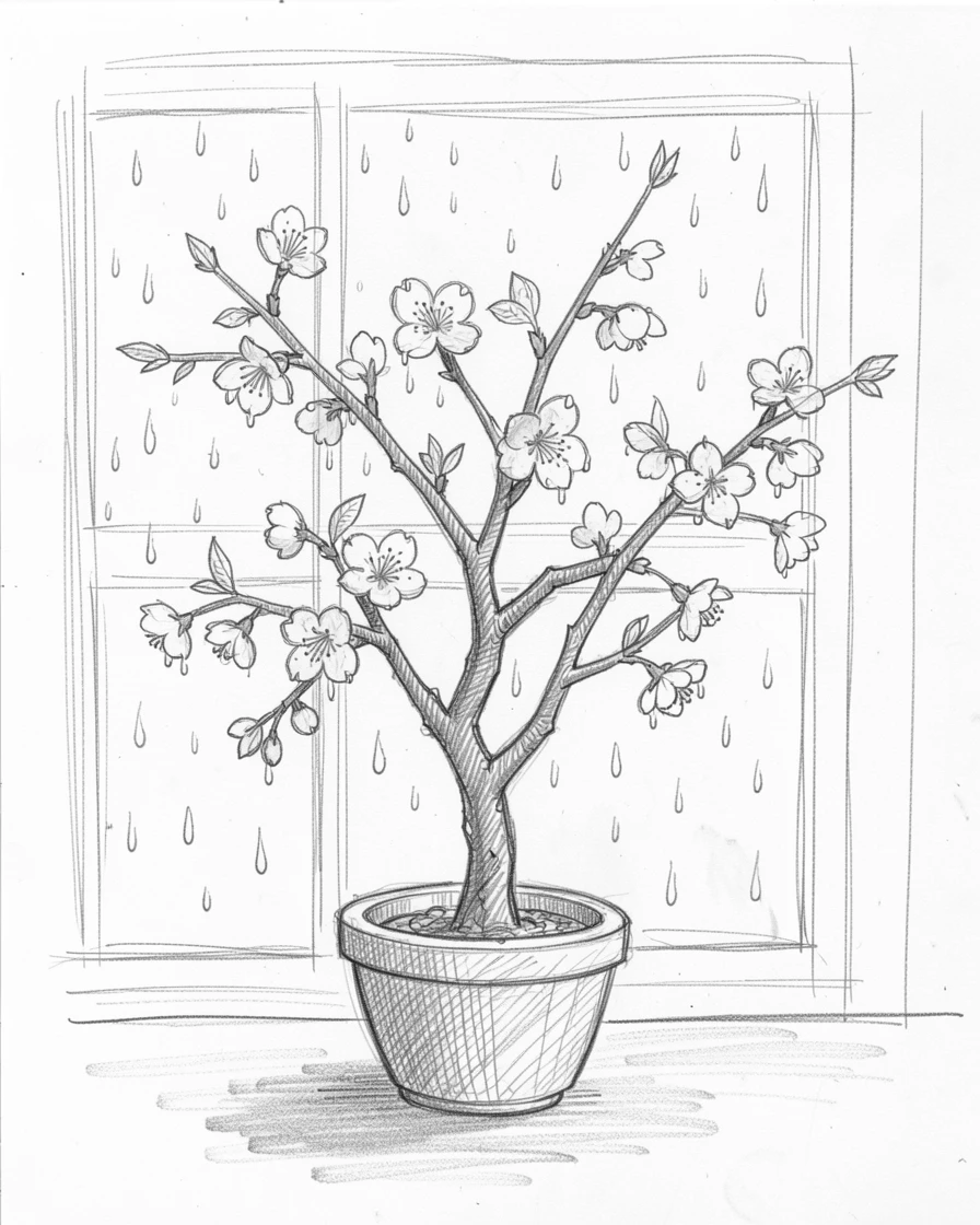 A small potted cherry blossom tree against a rain-speckled window, with dew still fresh from morning.