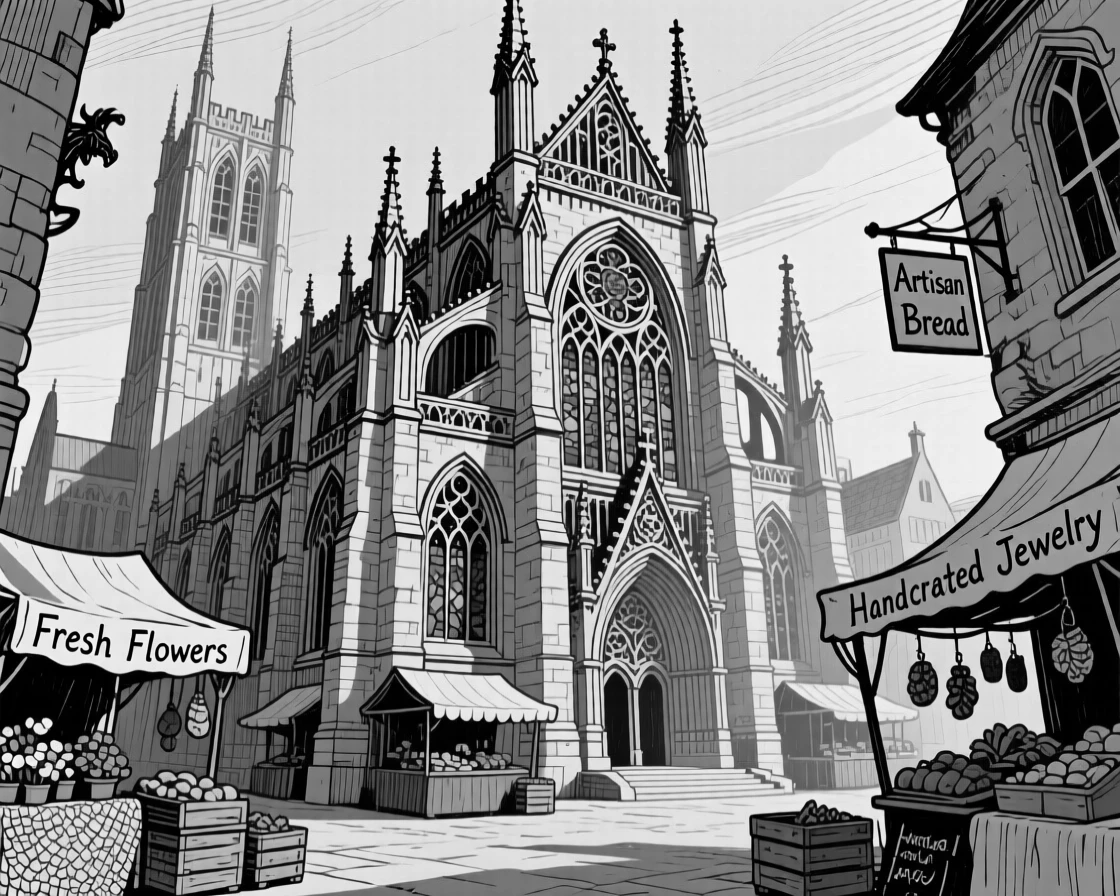 A grand gothic cathedral at golden hour with long shadows, featuring market stalls tucked into the corners, rendered in a majestic and imposing architectural composition.