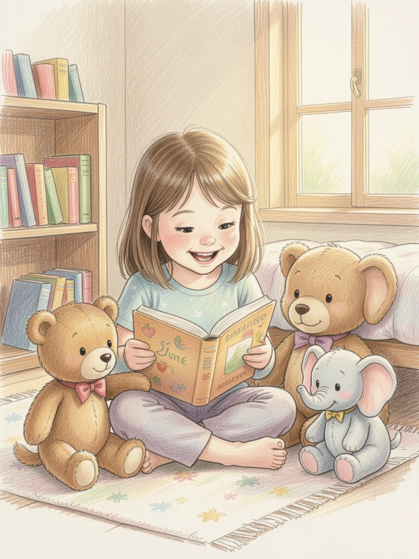 A little girl reading to her stuffed animals in her bedroom, full of genuine laughter and playful energy, celebrating the simple magic of everyday family moments.