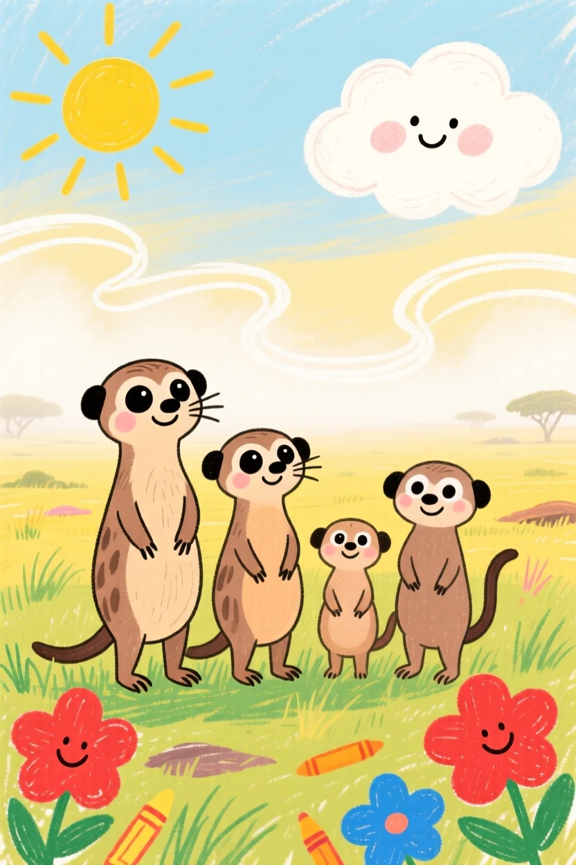 A family of meerkats standing watch as the morning mist rises over the savanna.