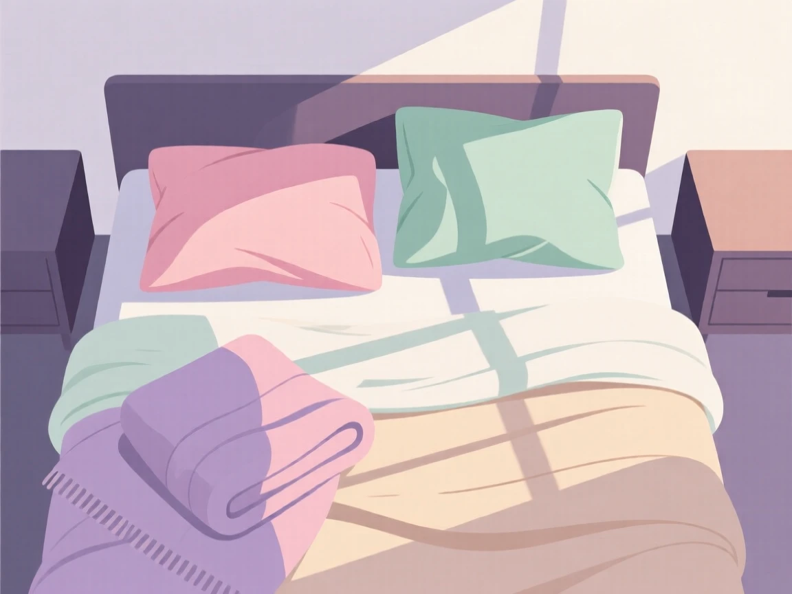 A minimalist bedroom with soft linens and morning light streaming in, arranged in a softly lit evening setting, arranged in a neatly styled flat lay composition, with gentle pastel tones evoking calm and comfort.