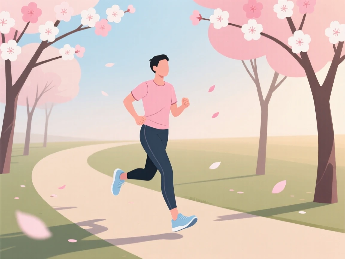 A morning jogger running along a path lined with blooming cherry trees in the early light.