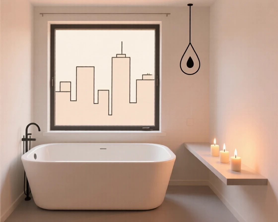 A morning scene of bathtub with candles resting in a small city loft beside a lit candle, radiating gentle routine.