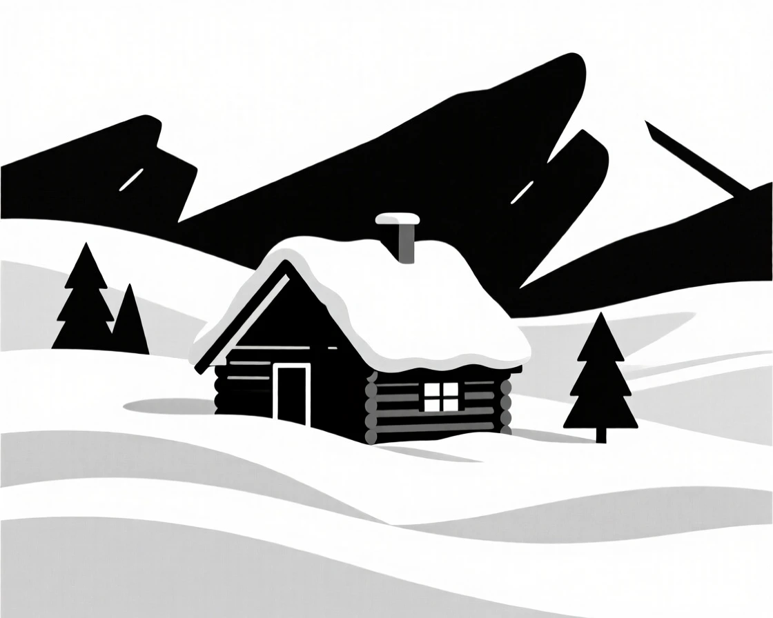 A remote mountain hut surrounded by snow.