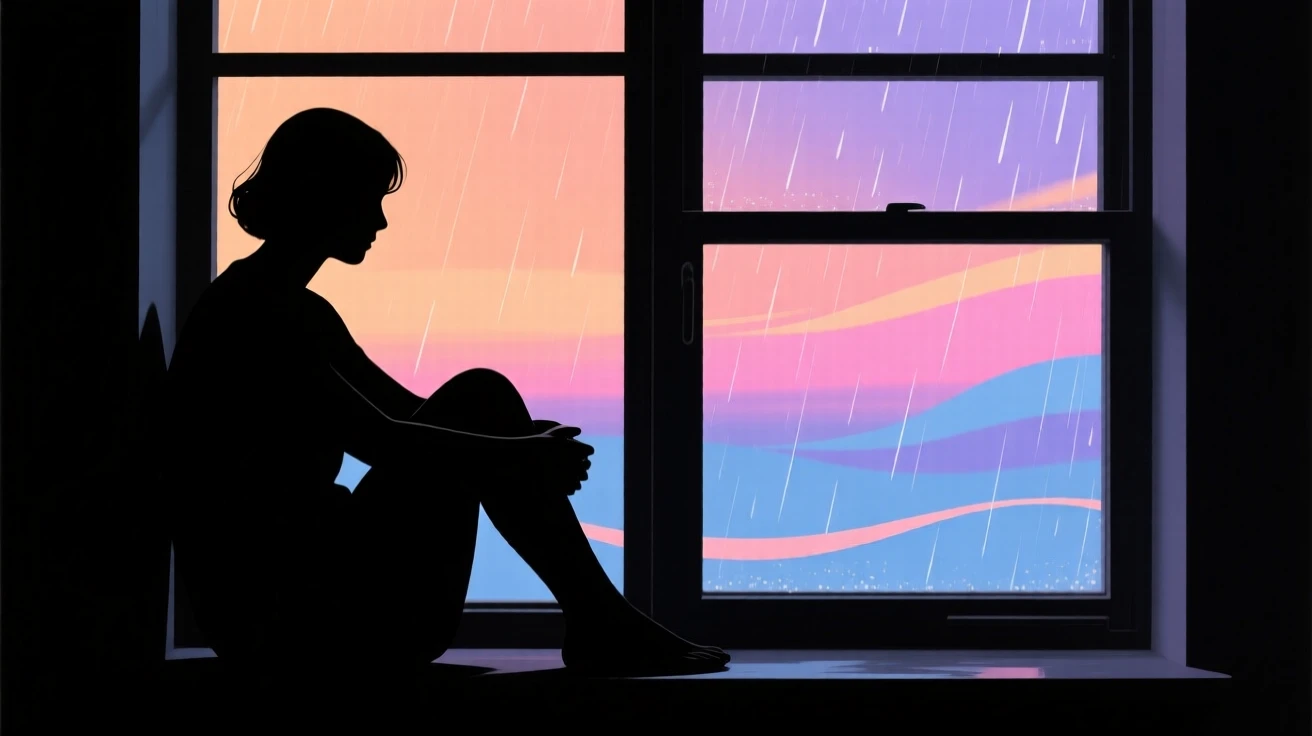 A person sitting quietly at a window, watching rain trace paths down the glass.