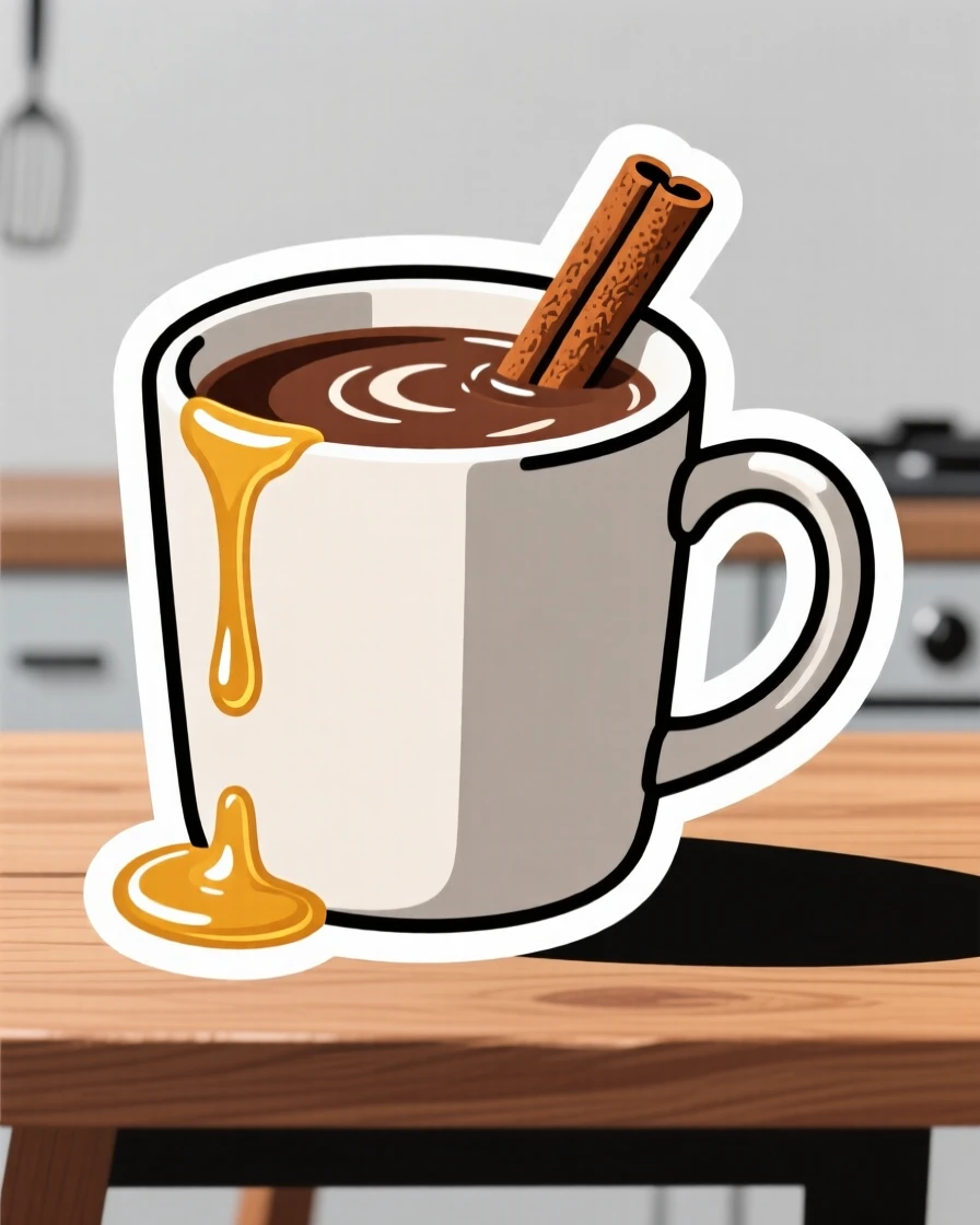 A mouthwatering mug of creamy hot chocolate with a cinnamon stick, with honey drizzling down the side, in a cozy kitchen during breakfast.