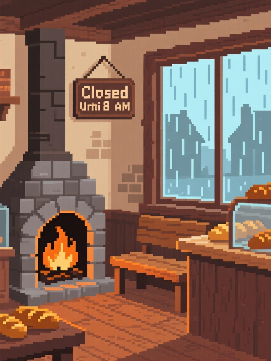 A fireplace corner with rain gently streaking the window beside it, in a village bakery before opening hours.