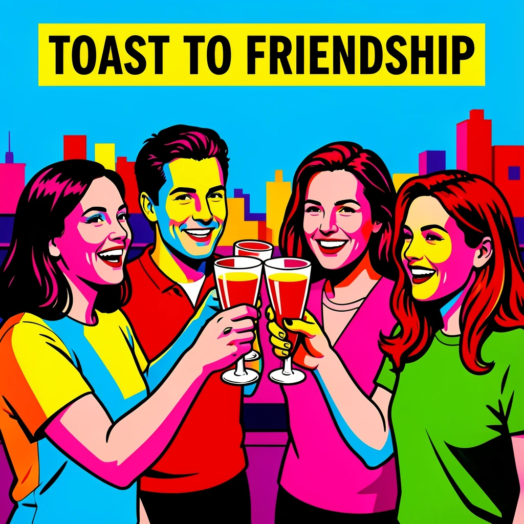 Group of friends toasting glasses at a rooftop party