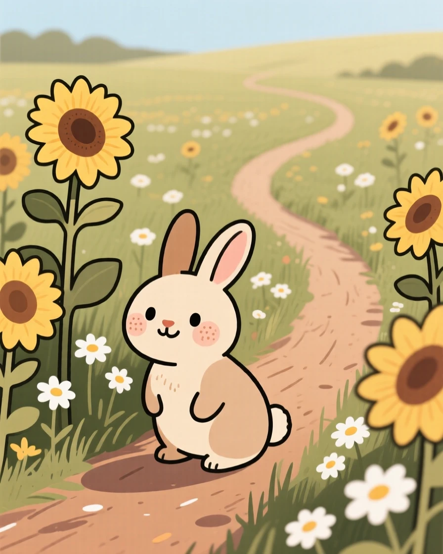 A winding path leads through a sprawling meadow bursting with sunflowers and daisies, where a small rabbit pauses among the blooms.