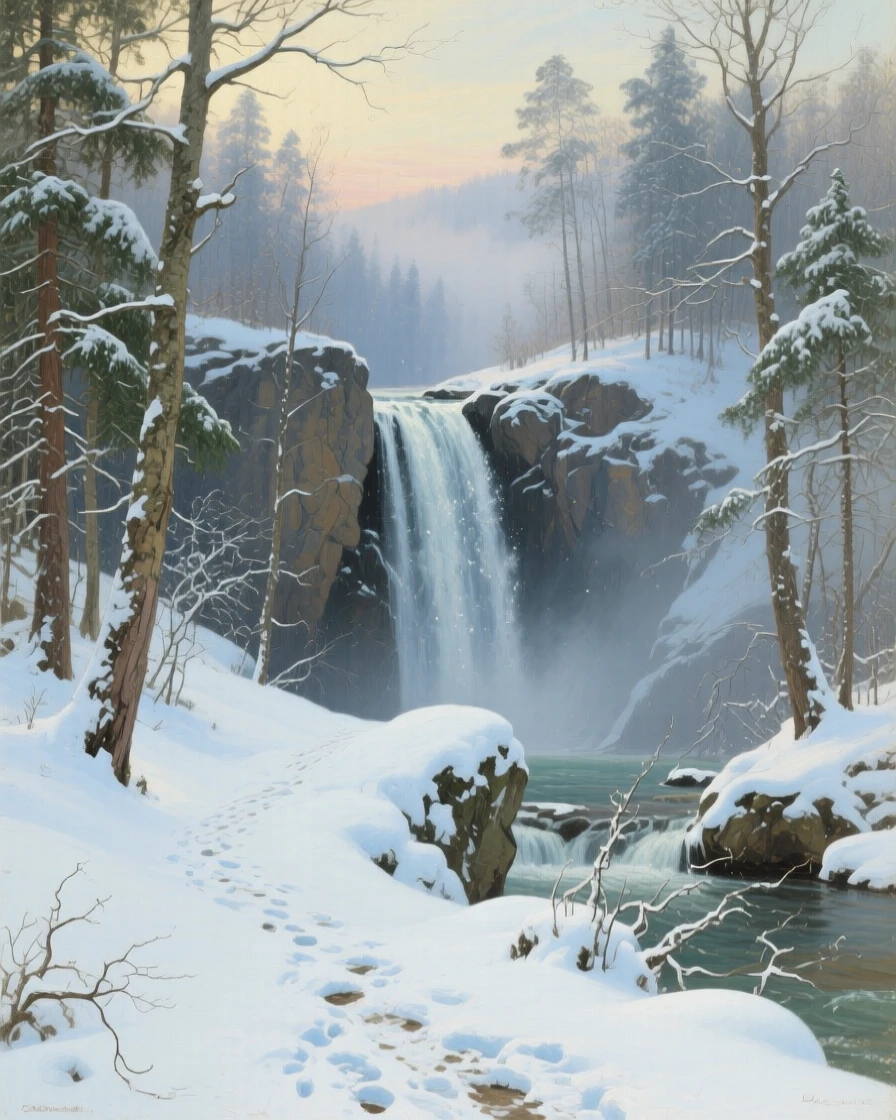 A broad landscape view of a hidden waterfall discovered at the end of a forest trail, in a light morning mist, under a fresh blanket of winter snow.
