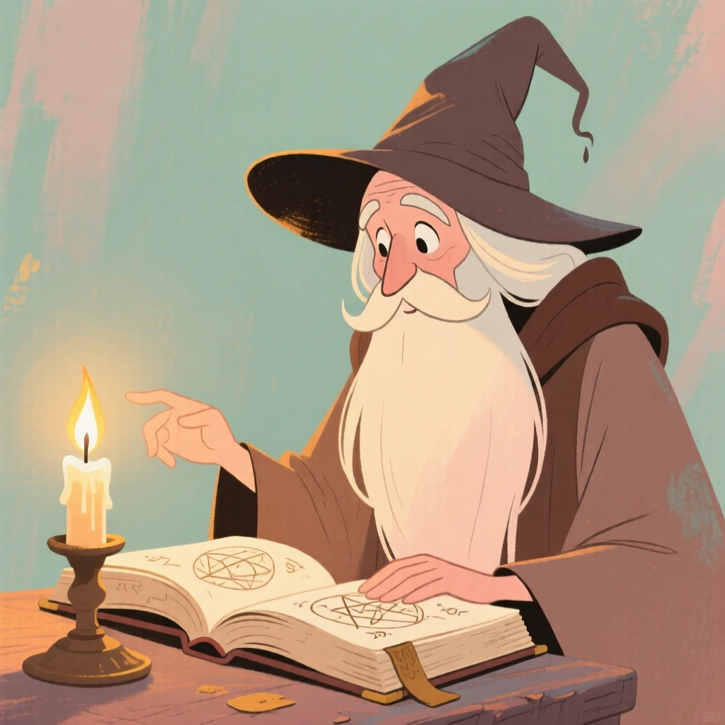 A wise wizard consulting an ancient spellbook by candlelight