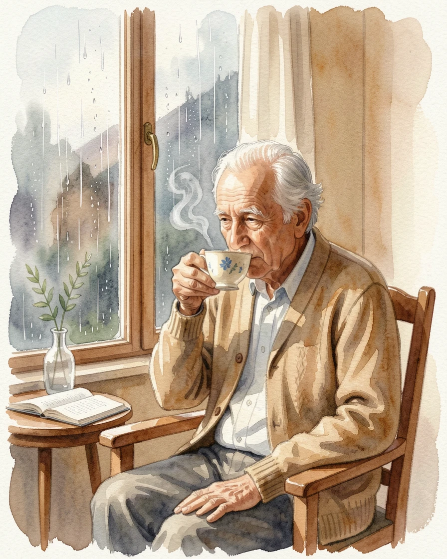 An elderly man sipping tea by a window on a rainy day in a peaceful, unhurried moment.