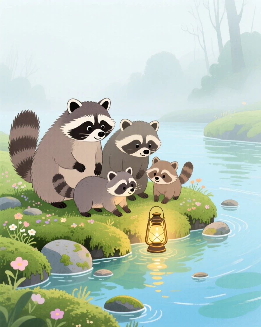 A family of raccoons discovering something new in a mossy riverbank on a foggy morning.