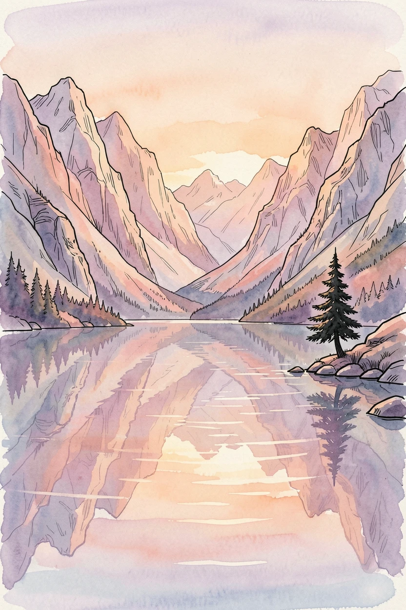 A quiet mountain lake perfectly mirroring the surrounding peaks at dawn, the last rays of sunset painting the sky in warm color.