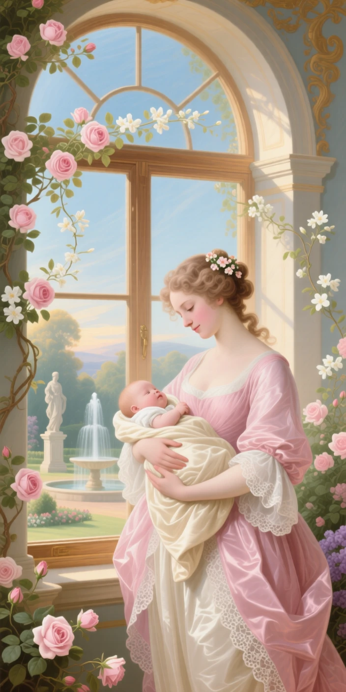 A mother holding her infant beside a window draped in flowering vines  