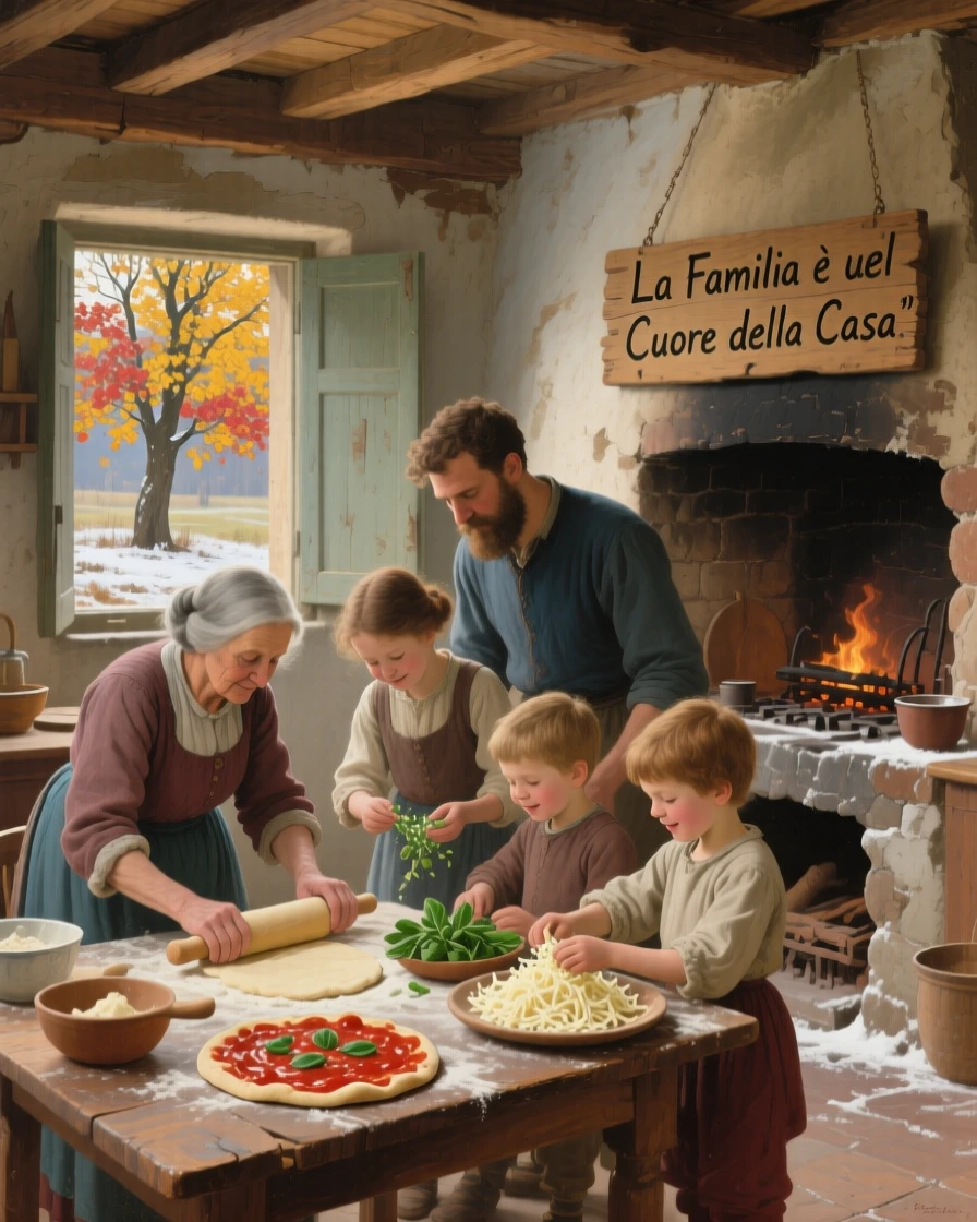 A family gathered in the kitchen making pizza from scratch together, as the changing season is reflected in the surrounding setting, evoking warmth, nostalgia, and heartfelt connection