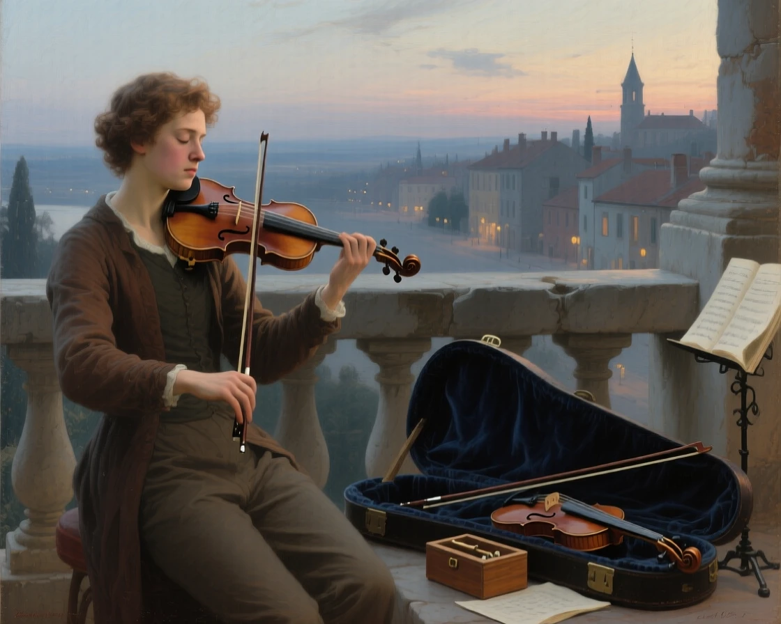 A violinist pausing mid-performance, eyes closed in concentration pausing as if interrupted by an unseen presence, set on a stone balcony overlooking a quiet town at dusk, with tools of the trade arranged carefully within reach; soft background blur isolates the sitter as the clear focal point, suggesting a private world just glimpsed by the viewer.