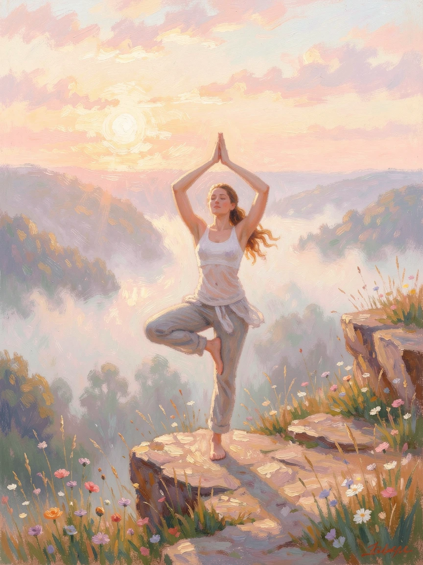 A woman practicing yoga on a cliffside overlooking a misty valley at sunrise.