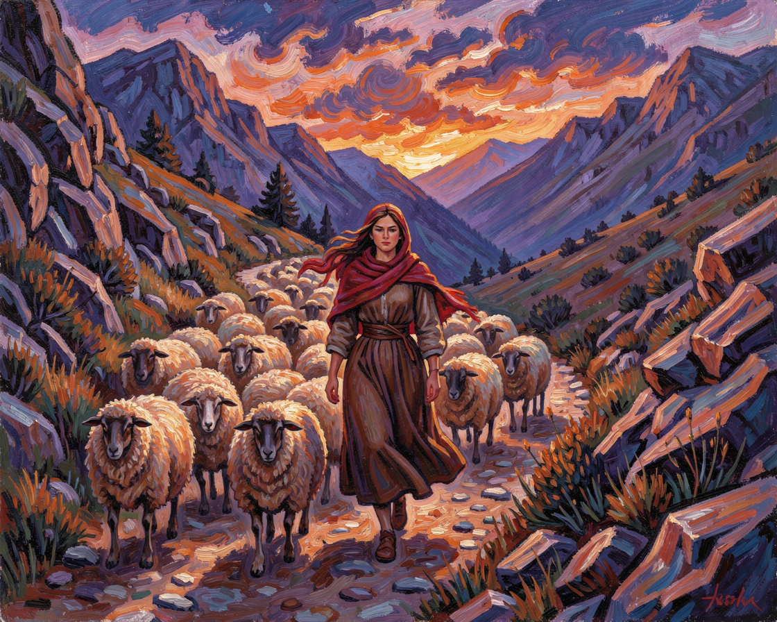 A proud shepherdess leading her flock down a winding mountain path at dusk.