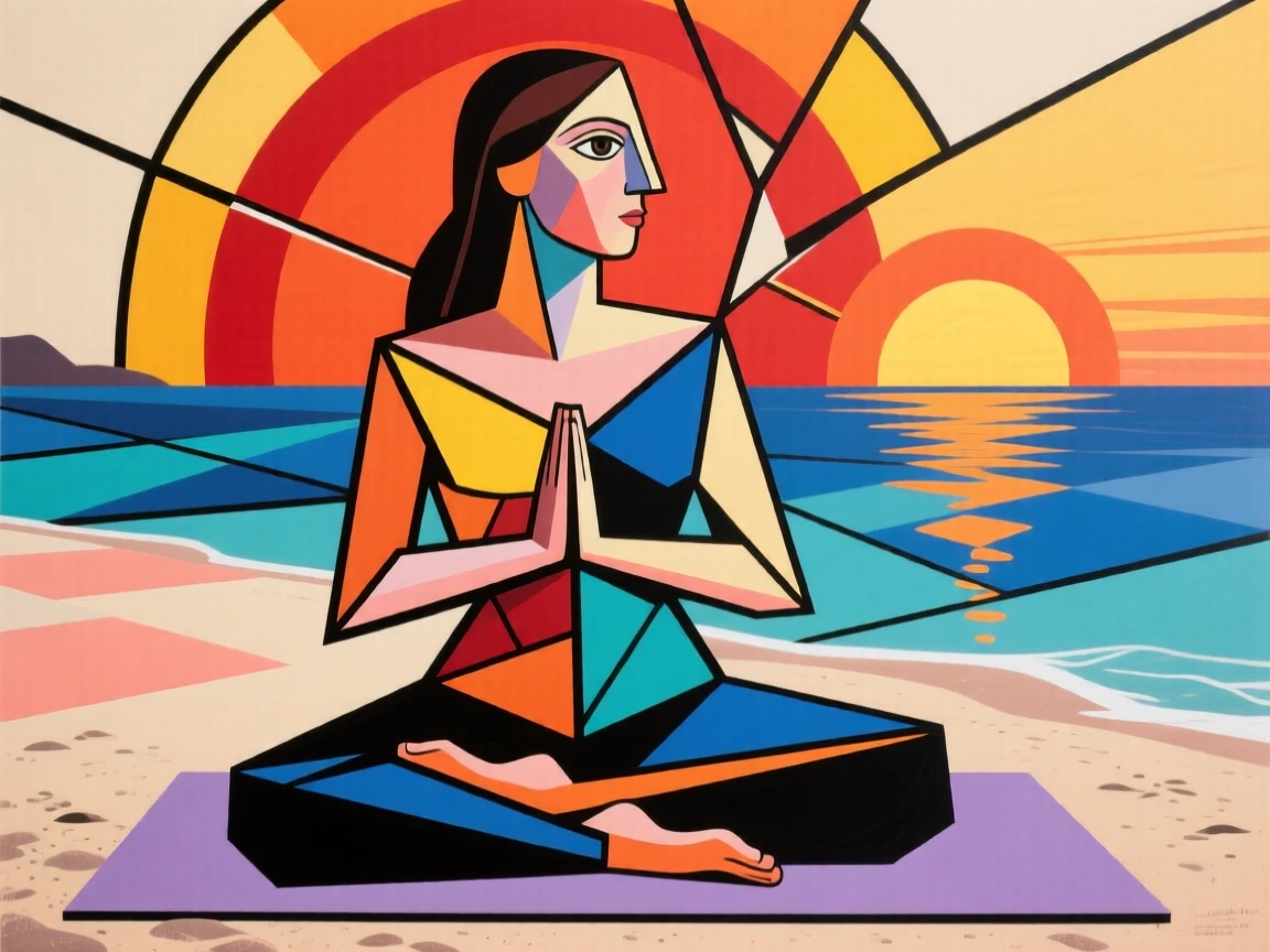 A woman practicing yoga on a quiet beach at sunrise.