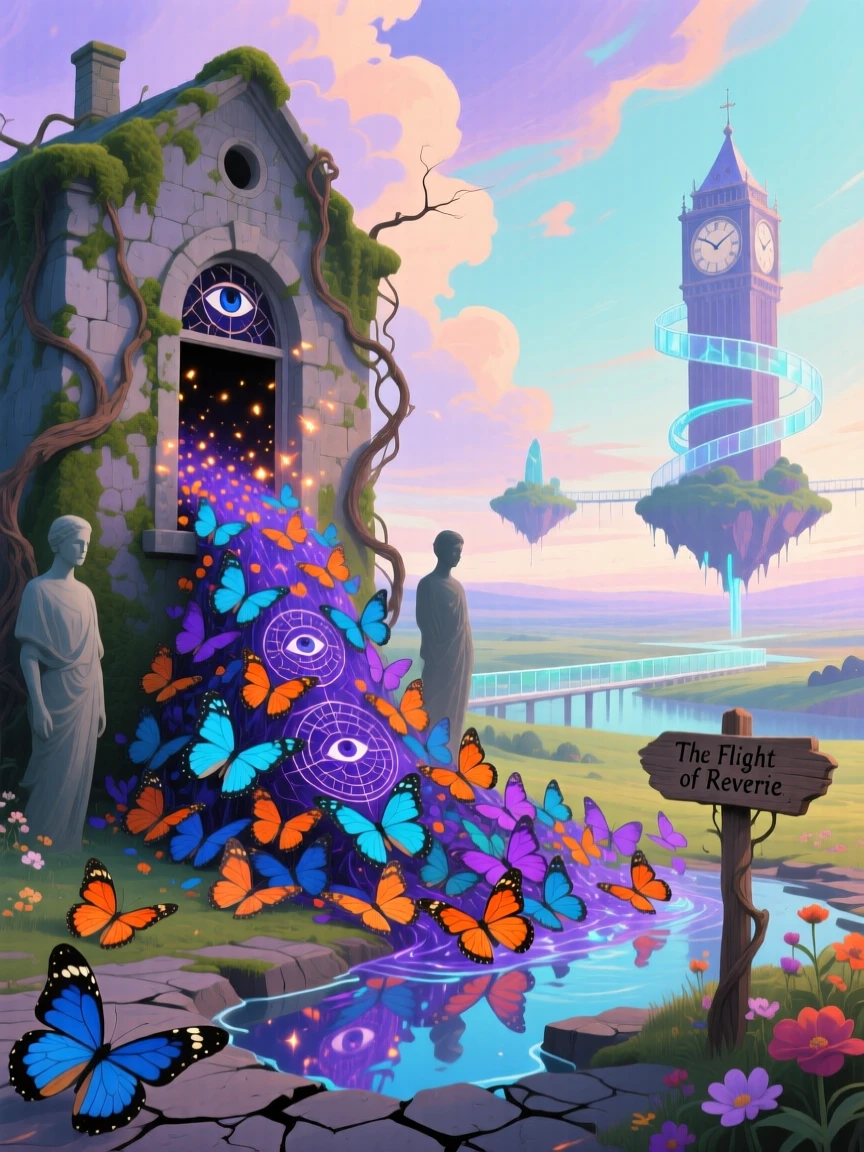 A swarm of butterflies pouring like a river from an open window travels slowly across a horizon streaked with soft color, as the surrounding world holds still in quiet wonder.